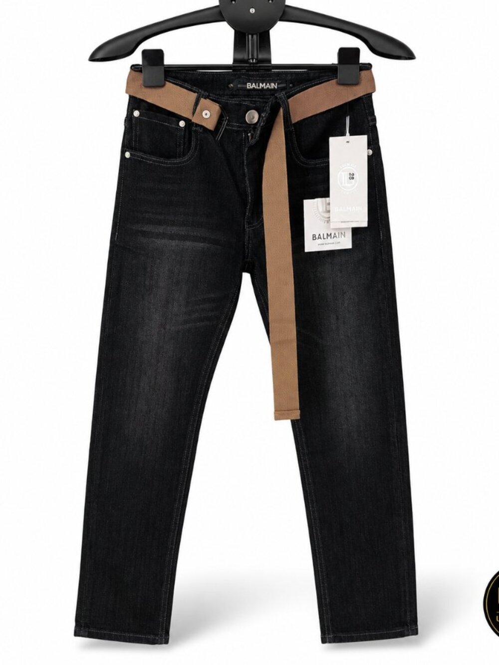 Black Denim Jeans with Tan Belt NWT Designer Jeans